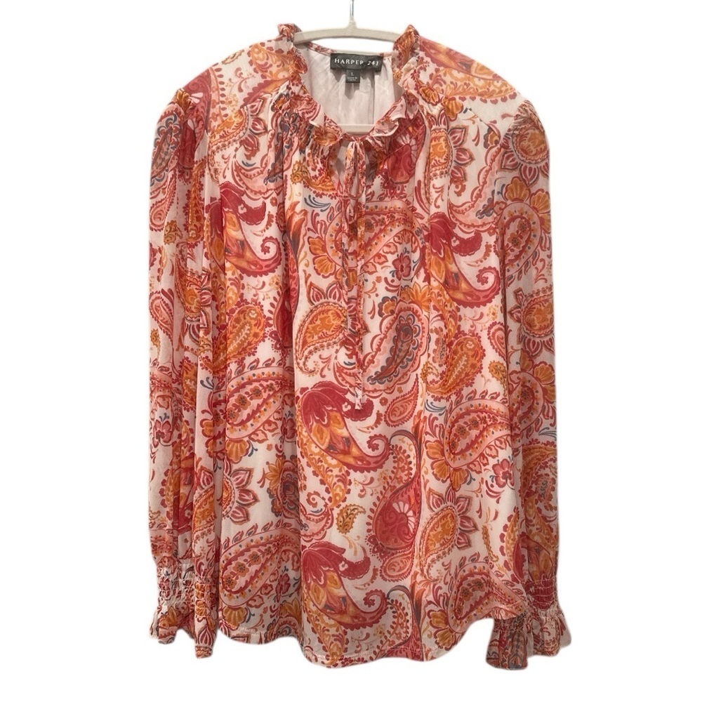 Harper 241 Boho Blouse Top Red Orange Paisley Lined Sheer Arms Tie Sz L - Picture 2 of 11